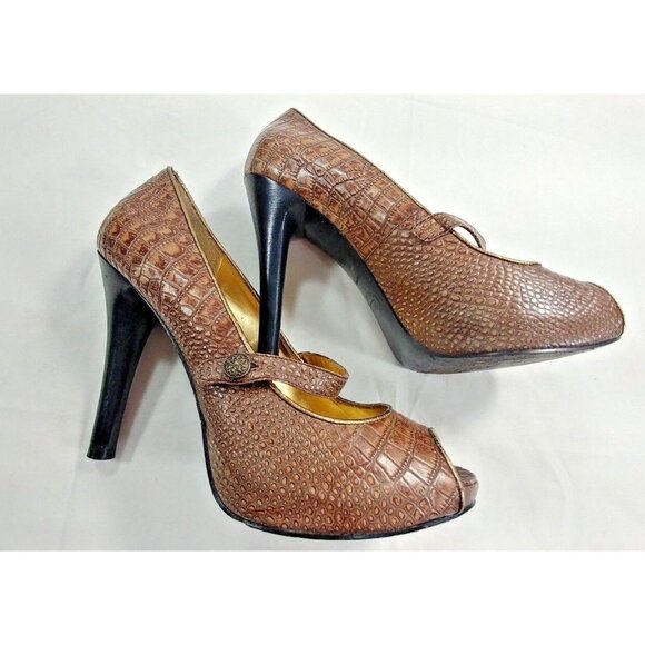 Hale Bob Womens Brown Leather Animal Print Peep Toe Mary Jane Heels size 9M - Picture 3 of 9